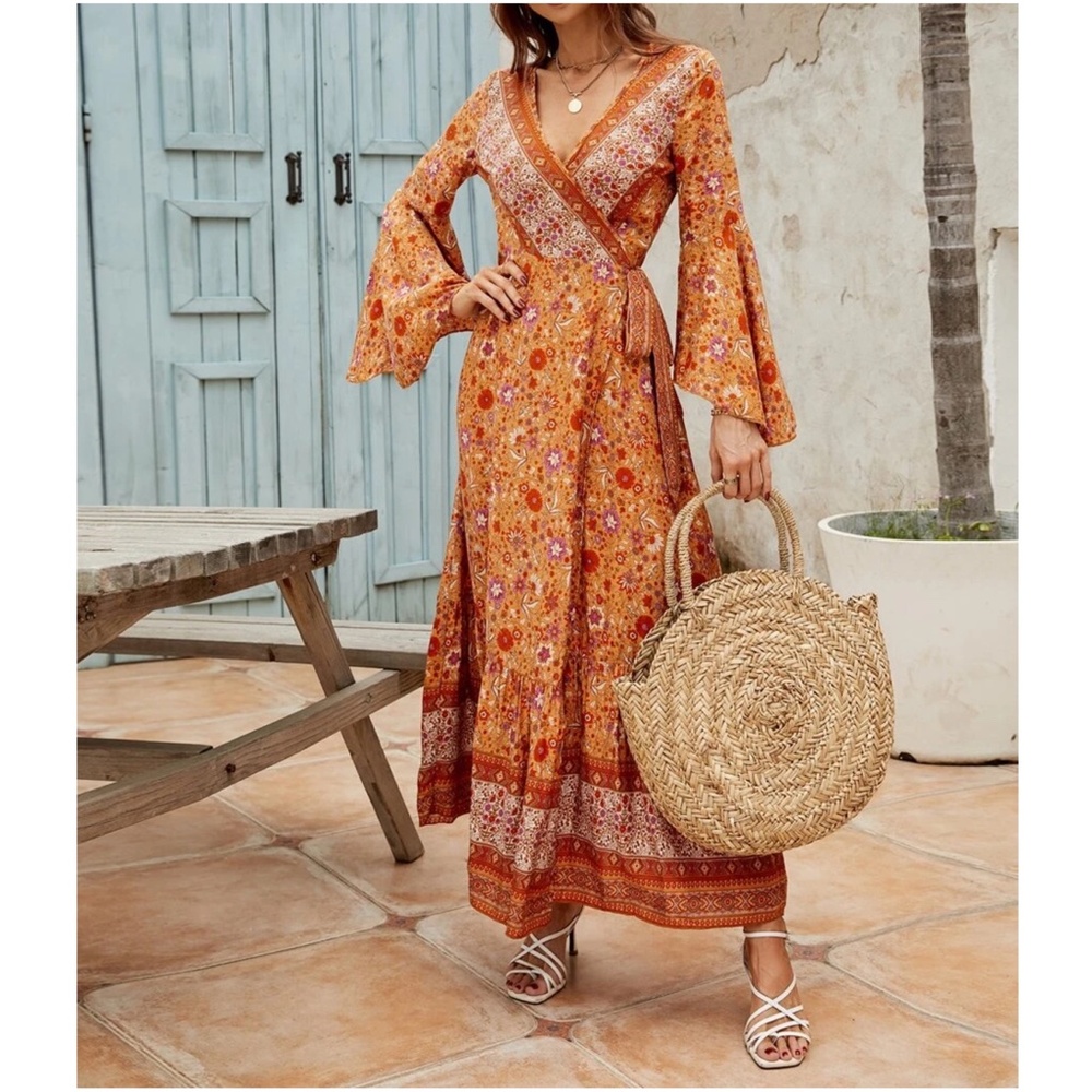 Boho Orange Floral Print Wrap Maxi Dress - Picture 5 of 5